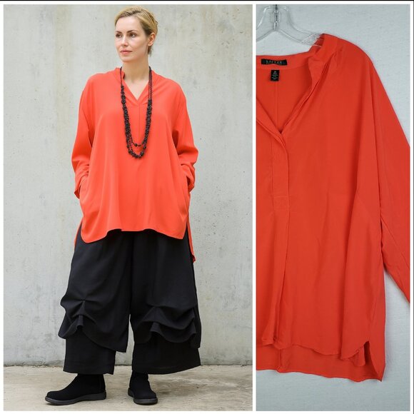 Ralph Lauren 100% Silk Top Oversized Boxy Fit Orange Red 2X Minimalist Lagenlook - Picture 1 of 10